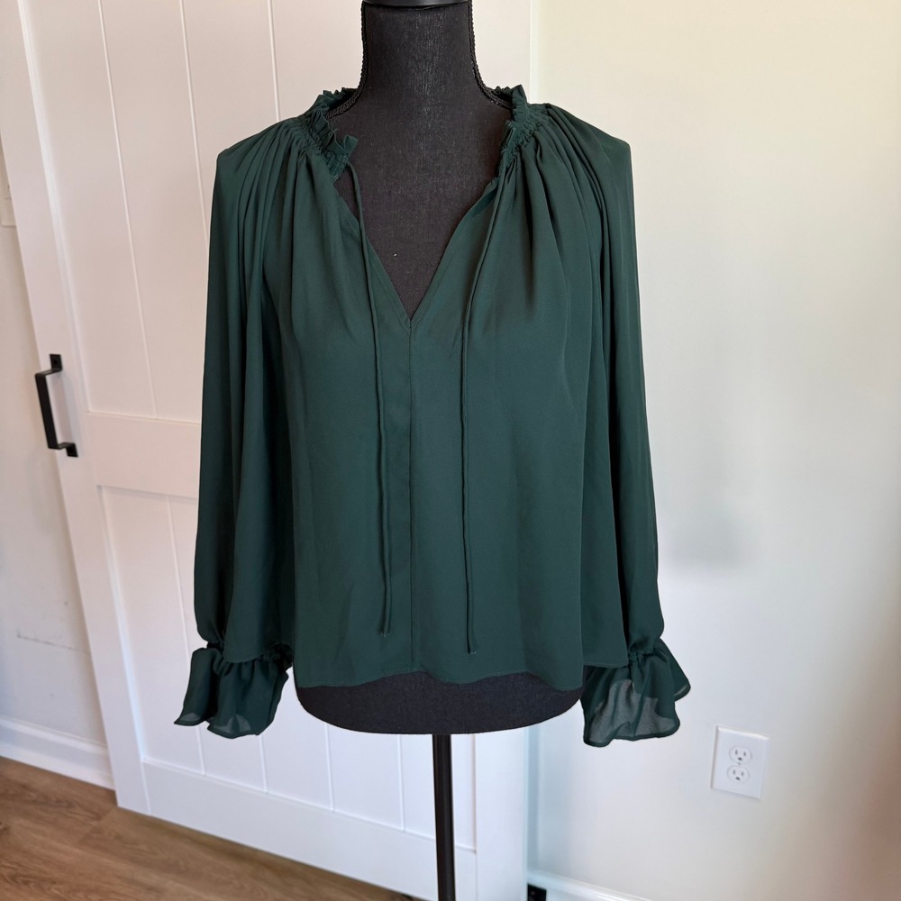NWT Madewell Ruffle Neck Tie Front Top Dark Green NT356 Small